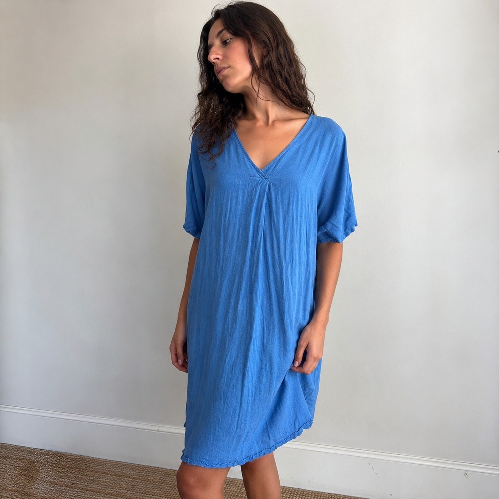 Filosofia Womens Dress One Size Blue V-Neck Short Sleeve Linen Shift Lagenlook